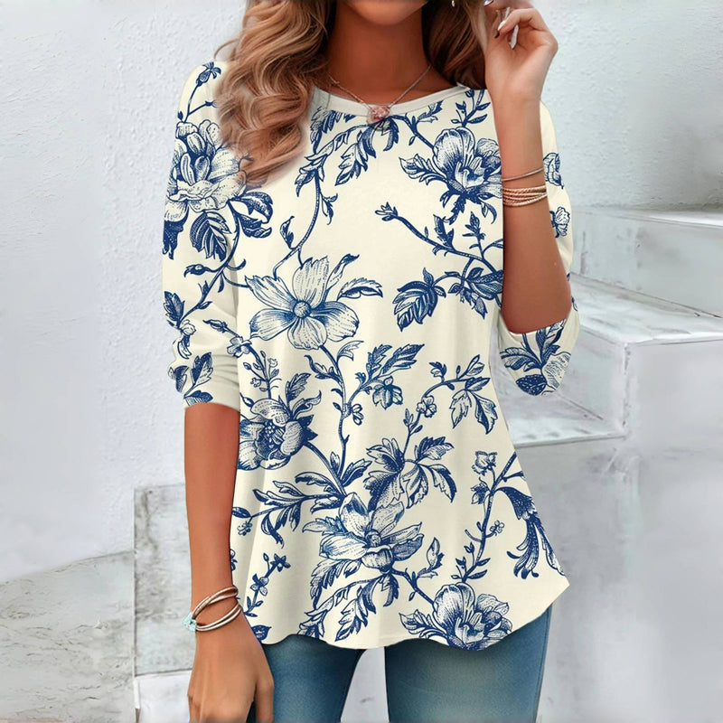 【Långärmad】 Vintage Blus Med Blommigt Tryck – Lena & Monica