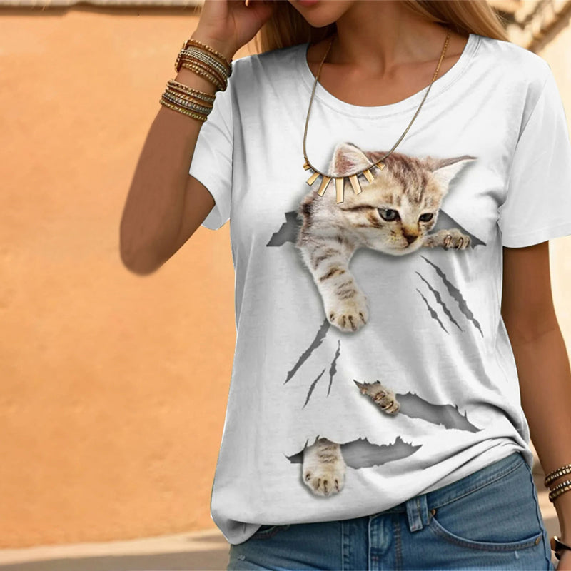 Casual T-Shirt Med Katttryck