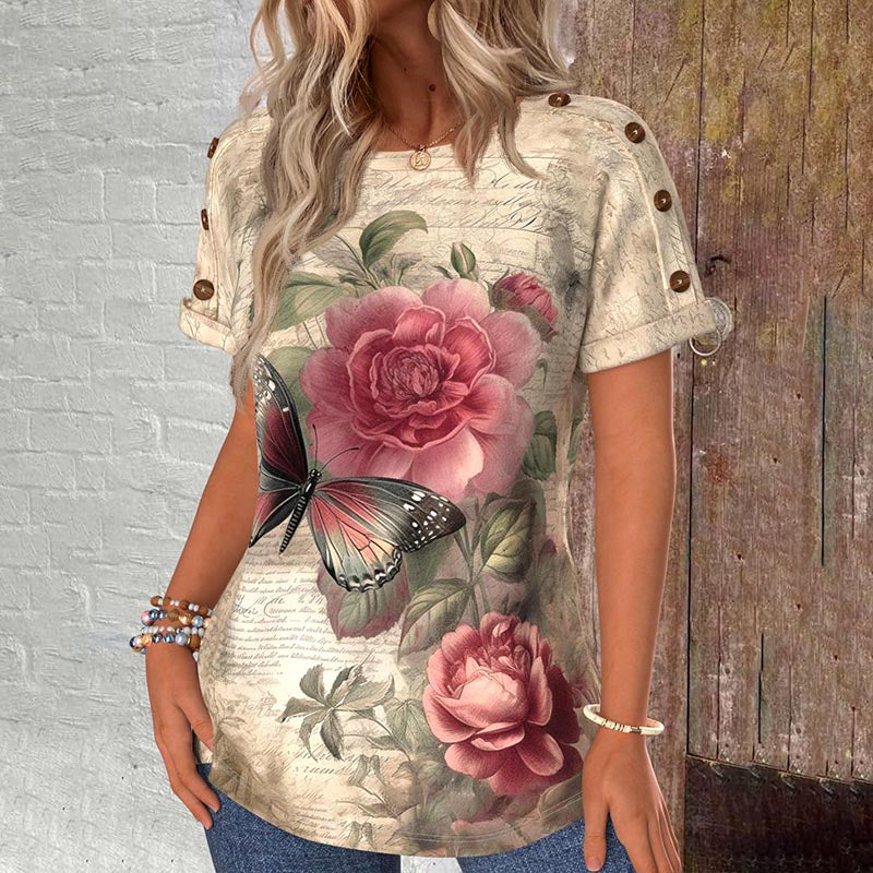 Vintage T-Shirt Med Blommigt Tryck – Lena & Monica