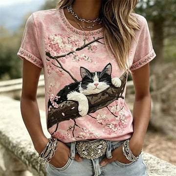 Lässiges T-Shirt Mit Katzen-Print