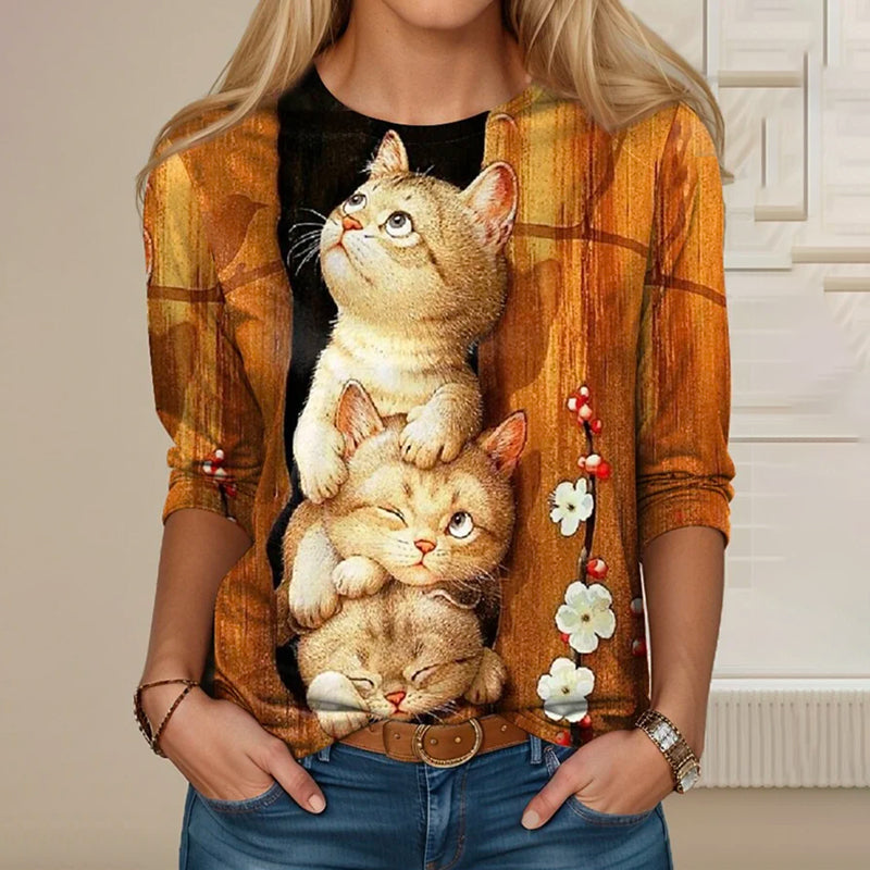 Casual T-Shirt Med Katttryck