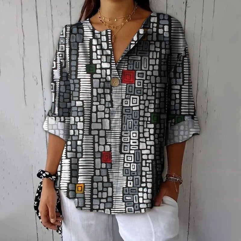 Vintage Blus Med Geometriskt Tryck