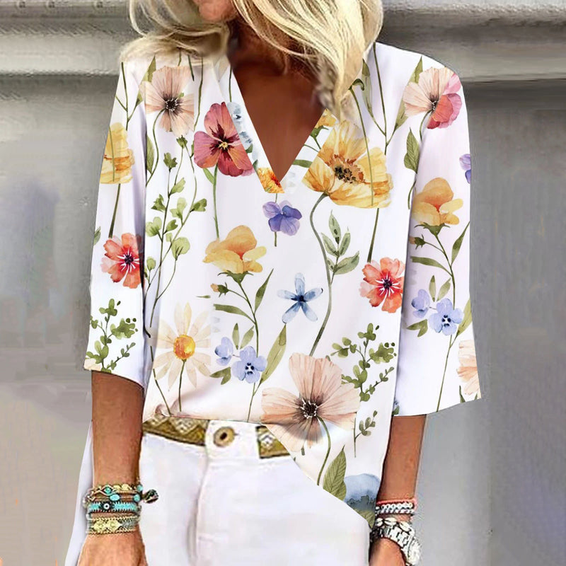 Elegant Blus Med Blommönster