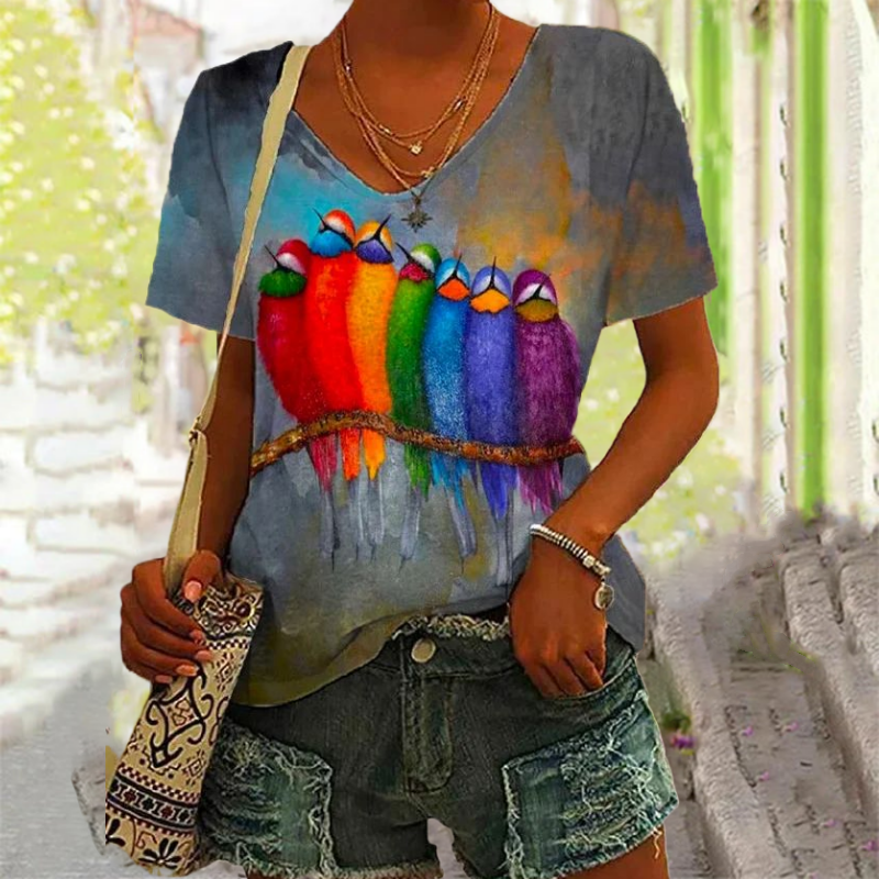Färgglad Abstrakt Fågel T-Shirt
