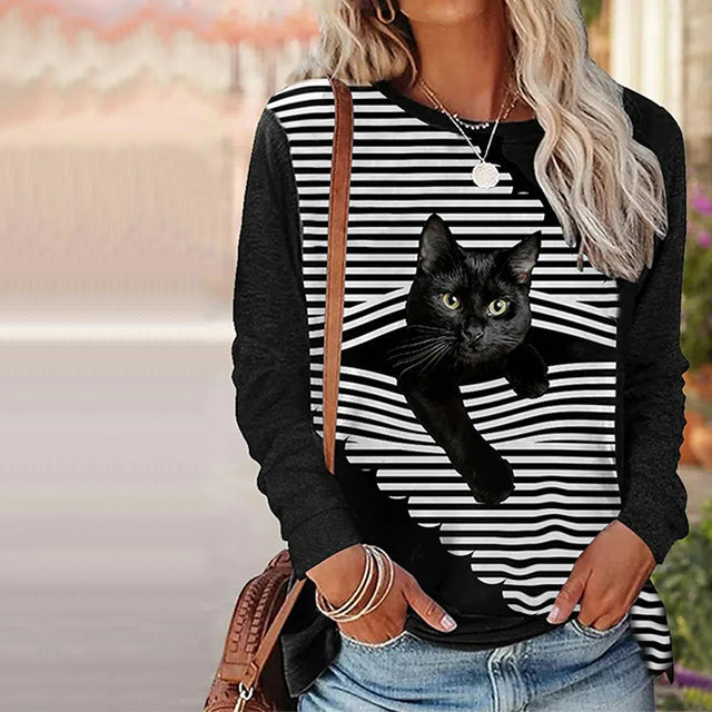 Casual T-shirt Med Katttryck